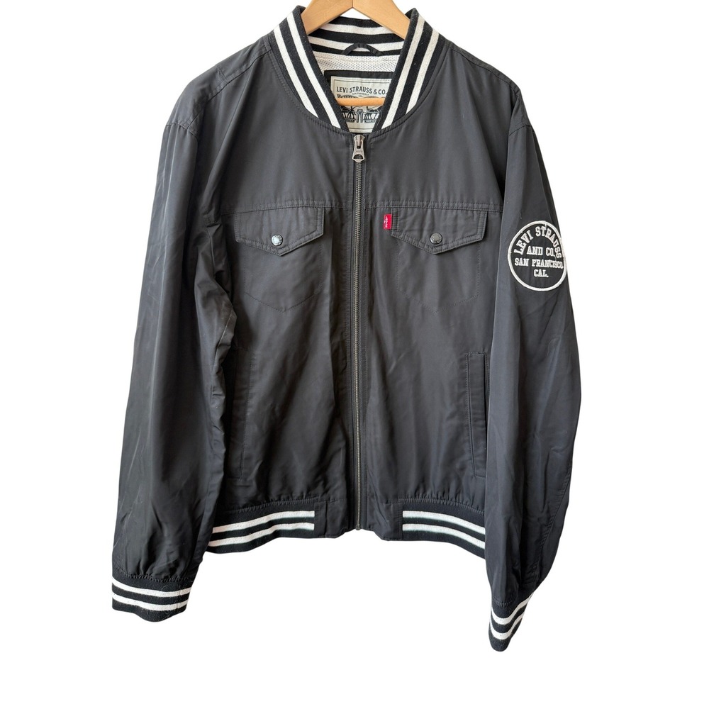 Levis Mens XL Black Varsity Bomber Jacket Full Zip Mesh Lined Striped Trim Patch